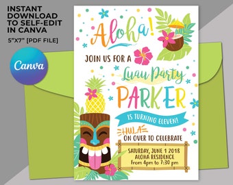 Pode incluir: Um convite colorido para uma festa Luau para Parker, que está completando onze anos. O convite apresenta uma cabeça tiki, um abacaxi e uma bebida de coco. O texto diz "Aloha! Join us for a Luau Party Parker is turning eleven! Hula on over to celebrate Sábado, 1 de junho de 2018 Aloha Residence das 16:00 às 19:30 Christina-Martinez-Art.com"