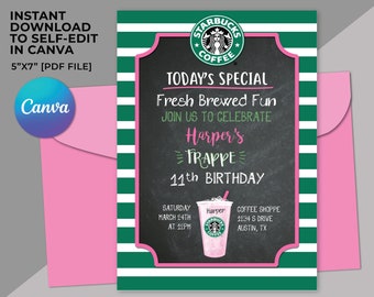 Starbucks party, Starbucks birthday theme, Starbucks birthday invitation, Starbucks theme, Starbucks Pink Drink, Canva, Digital Download