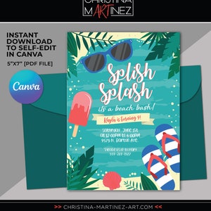 Beach Bash Party Invitation, Beach Party, Splish Splash Beach Bash Invitation, Beach Party, Beach Birthday Bash, Swim Party Theme, Canva