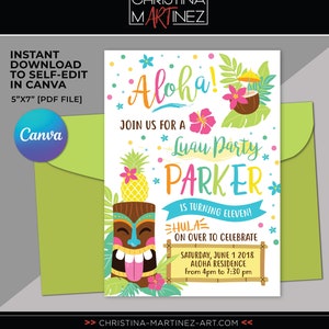Luau party invitation, Luau Birthday party invitation, Luau template, Hawaiian birthday party, Hawaiian birthday party, Canva Template
