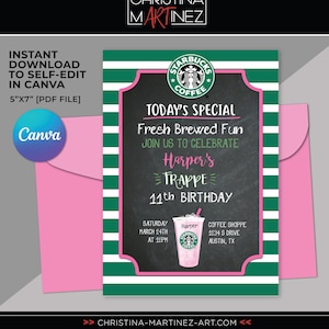Starbucks party, Starbucks birthday theme, Starbucks birthday invitation, Starbucks theme, Starbucks Pink Drink, Canva, Digital Download