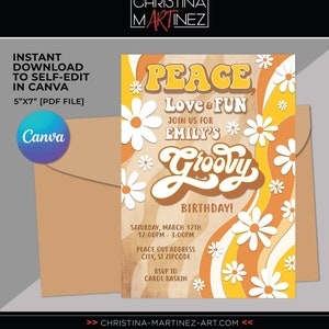 Peace Love Fun, Groovy Party Invitation, Groovy Party Theme, Groovy Baby Shower, Hippie Party Theme, Peace Birthday, Groovy Birthday, Canva