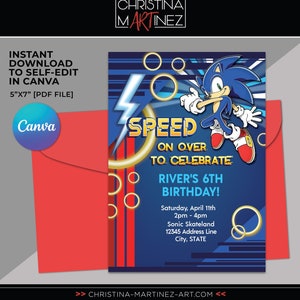 Sonic the hedgehog party invitation, Sonic birthday party, Sonic party, Speed on over, Sonic Party Invitation, Canva template, Canva Invite