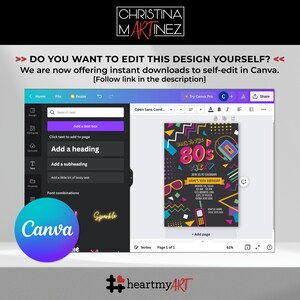 May include: A Canva screen showing a customizable 80s themed birthday party invitation. The invitation features a black background with colorful geometric shapes, a cassette tape, sunglasses, and a rotary phone. The text on the invitation reads "Back to the 80s Party" and "Join us to celebrate NAME'S XXth Birthday".