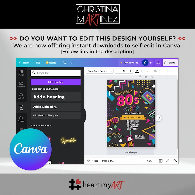 May include: A Canva screen showing a customizable 80s themed birthday party invitation. The invitation features a black background with colorful geometric shapes, a cassette tape, sunglasses, and a rotary phone. The text on the invitation reads "Back to the 80s Party" and "Join us to celebrate NAME'S XXth Birthday".