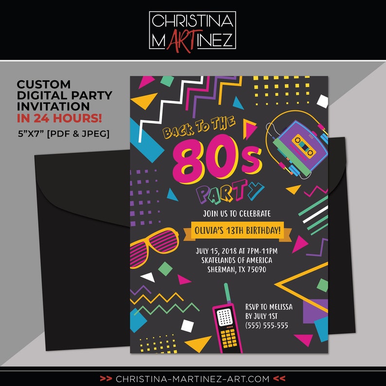 May include: A black and neon-colored party invitation for a 13th birthday party with the text "Back to the 80's Party". The invitation features a cassette tape, sunglasses, and a retro phone.
