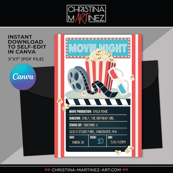Movie Night Party Invitation, Popcorn party, Theater birthday ...