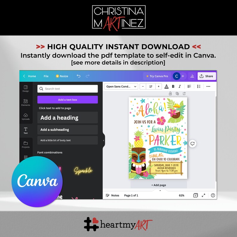 May include: A Canva design template for a Luau party invitation. The invitation features a colorful tiki mask, pineapples, and the text "Aloha! Join us for a Luau Party Parker is turning eleven!"