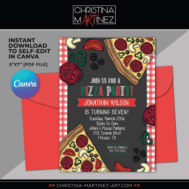 Pizza Party Invitation, Pizza Birthday Party Invitation, Pizza Party Digital Download, Pizza Birthday Party Custom Invitation, Pizzeria image 1