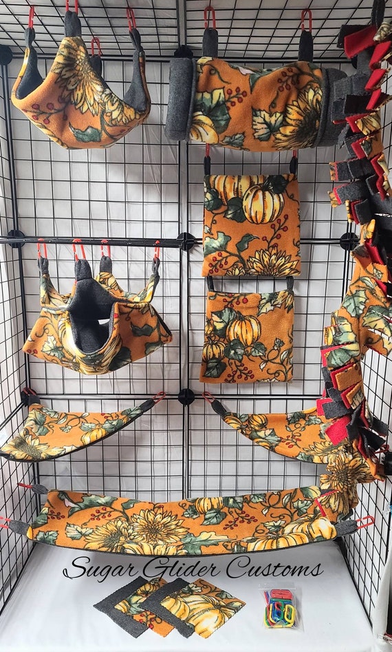 Fall Pumpkin Sugar Glider Cage Set: Fleece Bedding & Accessories
