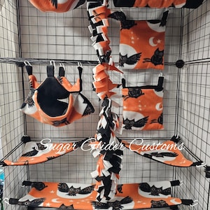 Halloween Owls sugar glider cage set suggie bedding, marmoset set, glider accessories, gifts, christmas gifts
