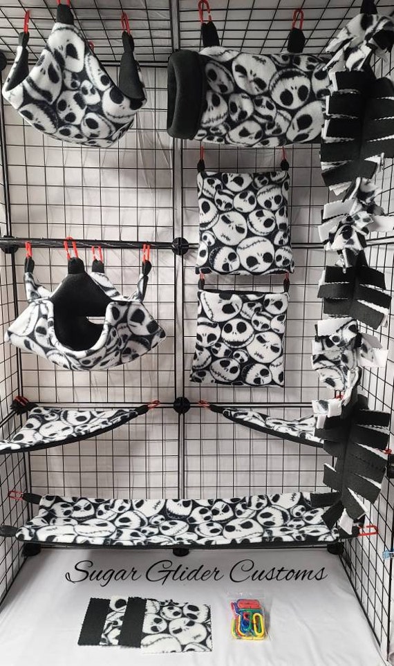 Jack Skellington Sugar Glider Cage Set, Fleece Bedding for Sugar
