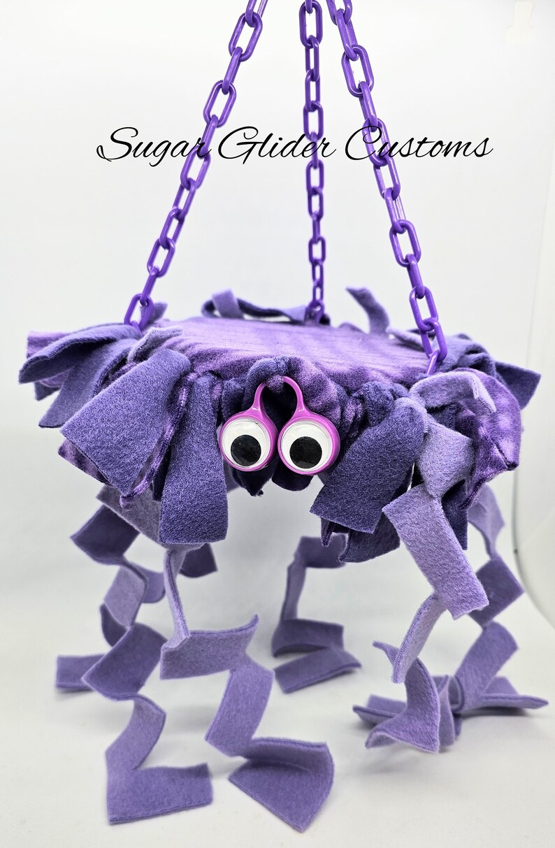 May include: Purple hanging toy for sugar gliders, with a soft, plush fabric and dangling strips. The toy has large googly eyes and a purple chain.