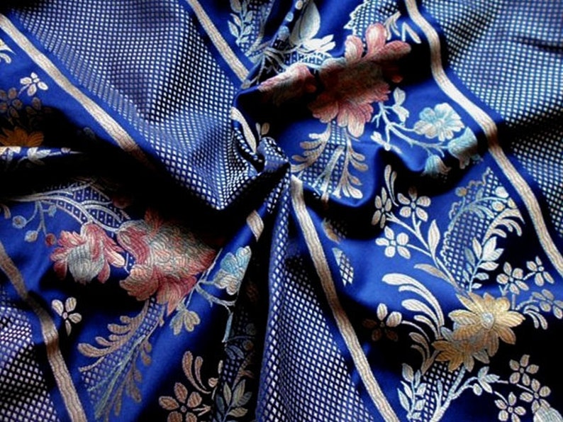Blue Silk Damask Fabric Fabulous Silk Brocade Lampas Etsy