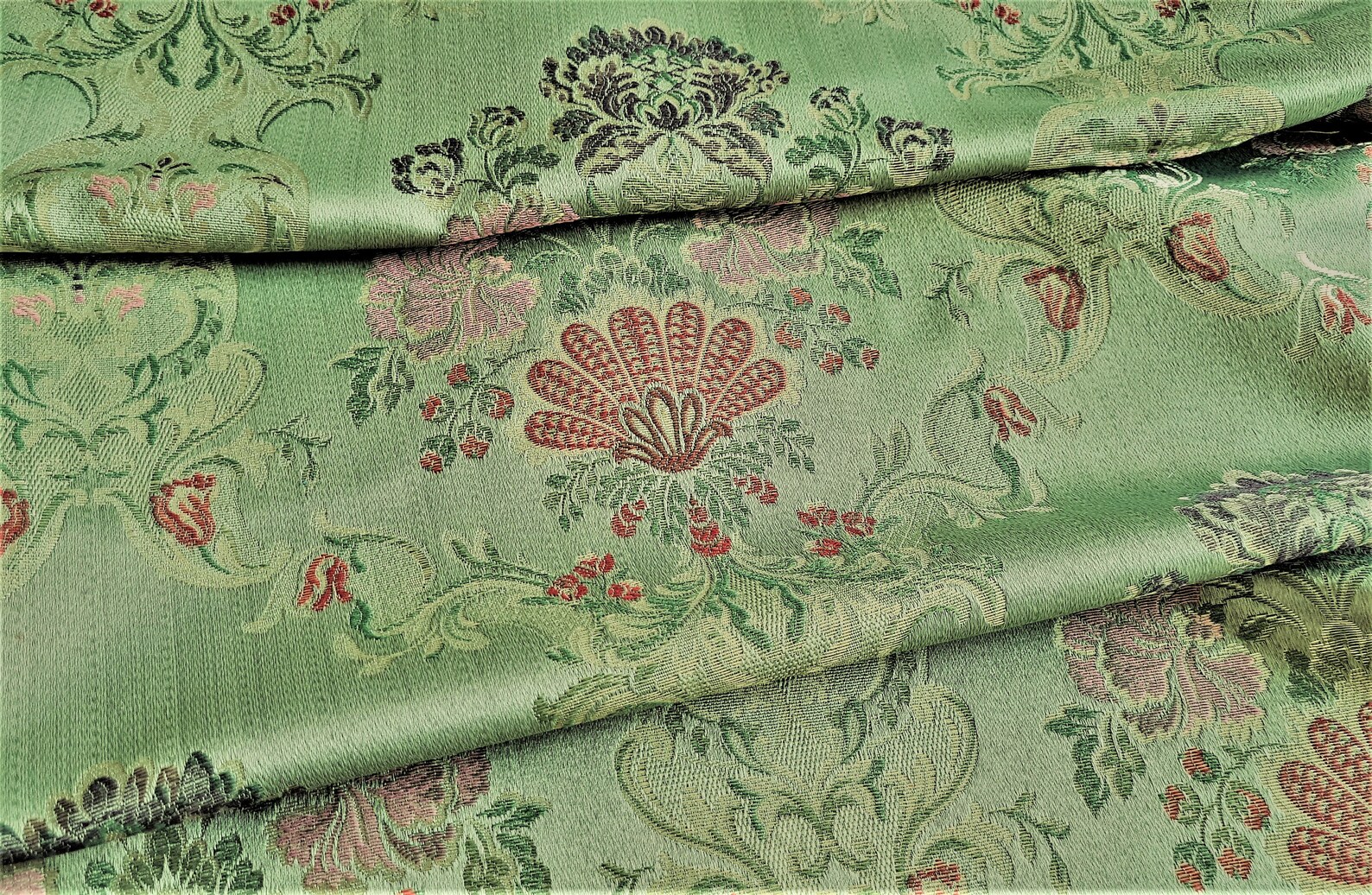 Green Silk Damask Fabric Floral Design Fabric Exclusive Etsy