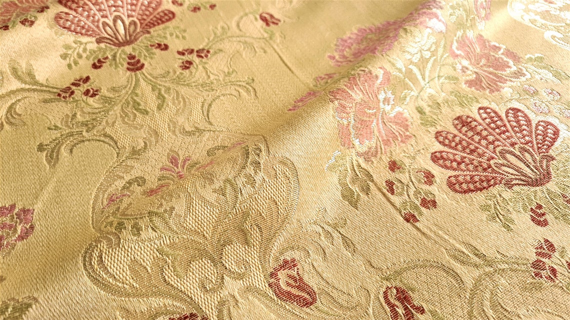 Gold Silk Damask Fabric Floral Design Fabric Exclusive Etsy UK