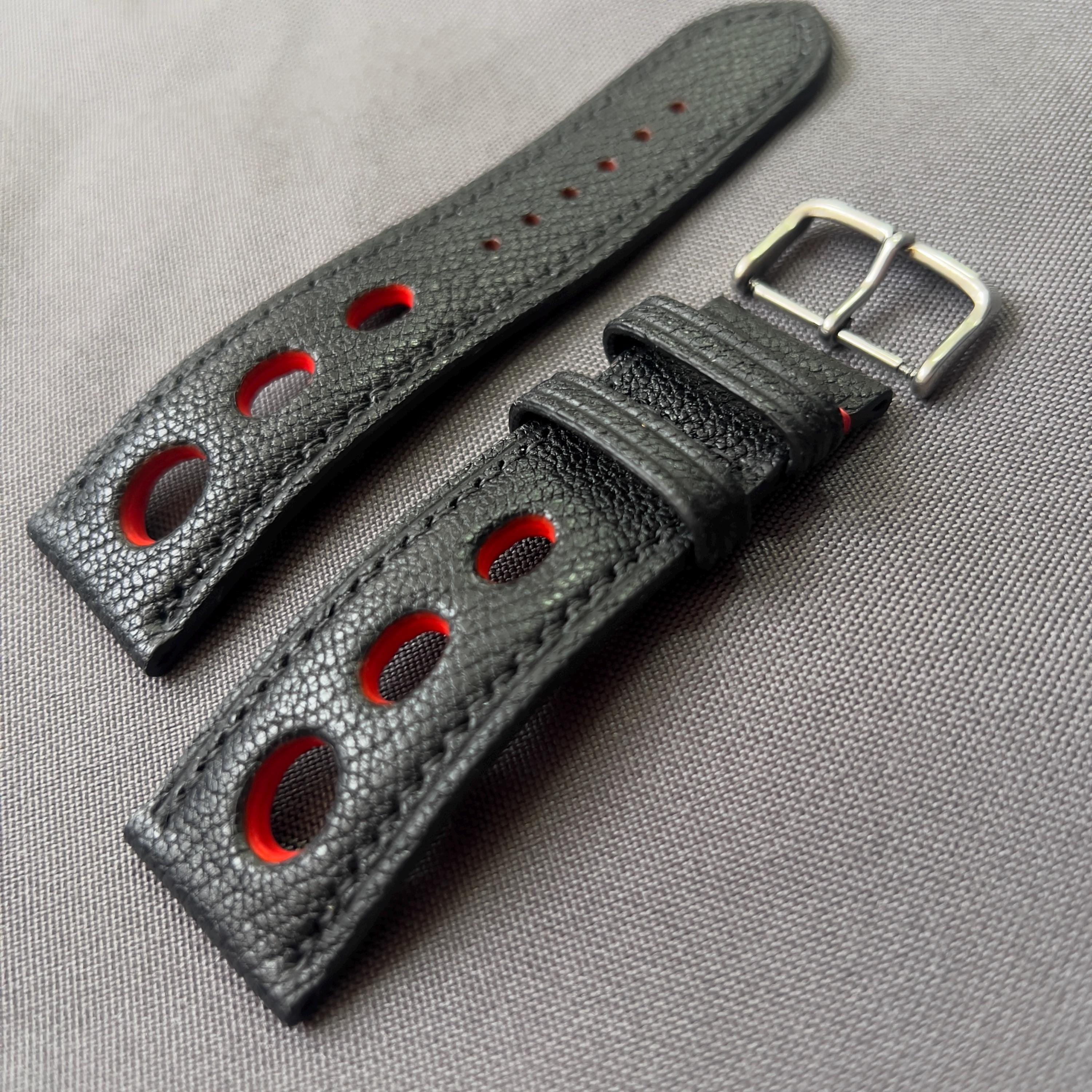 Black Leather Rally Watch Strap with Red Stitching, Handmade Racing…