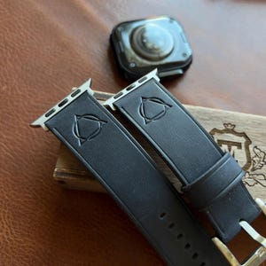 Dark Blue Leather Smartwatch Strap with 'Triangle in Circle' Embossing, Hypoallergenic Lining, Custom Size, Gift Box