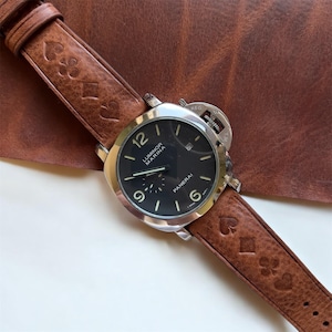 Cinturino in pelle per orologio con stampa a semi di carte - Picche, cuori, diamanti, fiori - Cinturino marrone fatto a mano per Panerai, accessorio per orologi di lusso