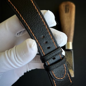 Black Leather Watch Strap with Orange Stitching | Handmade Textured Leather Band | 20mm 22mm | Gift for Him