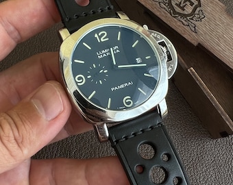 Zwarte rally lederen horlogeband Motorsport Racing band geperforeerde driver stijl band handgemaakte vintage rally horlogeband 20 mm 22 mm Apple Watc