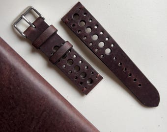 Correa de reloj de cuero Rally hecha a mano de 18 mm, 20 mm, 22 mm y 24 mm, perforada, estilo carreras, correa vintage para deportes de motor, regalo para él, compatible con Seiko.