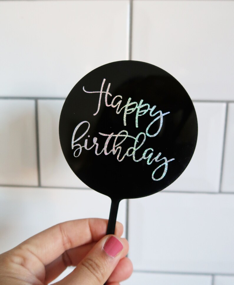 Black and Silver holographic Happy Birthday Cake Topper