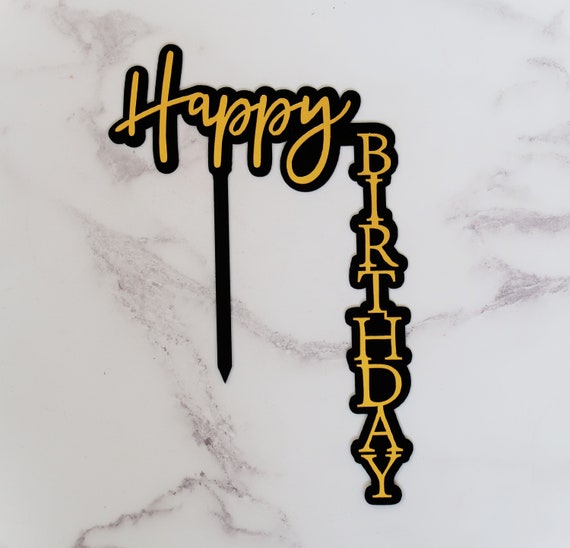 Happy Birthday Modern Tall Cake Side Topper Black and Gold