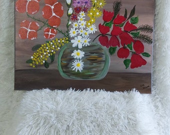 May include: A painting of a bouquet of flowers in a green vase. The flowers are white, red, yellow, and pink. The background is brown.