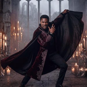 May include: A dark burgundy velvet cape featuring intricate silver embroidery along the edges, worn over a black shirt and black trousers. The cape has a high collar and a flowing design, with a smooth black lining visible as it is held open.