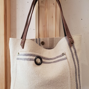 Large Thick Canvas Bag, Natural Leather Look Handles