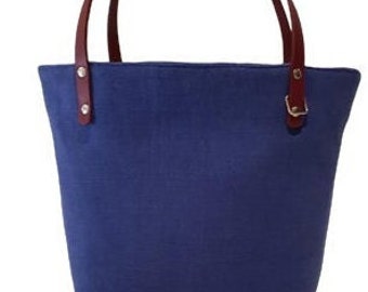 Linen tote bag, leather handles, classic or sportswear bag,