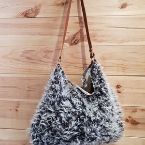 faux fur bag, lamé linen and leather - fur tote bag-