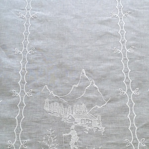 Sheer curtain in ecru linen with its chalets, hiker and fir trees in pearly embroidery - height 86 cm. cottage curtains