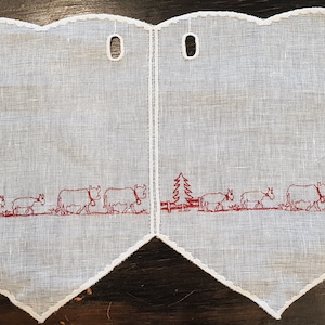white linen bise curtain with herd of cows - height 29 cm- cow curtains - country curtains-