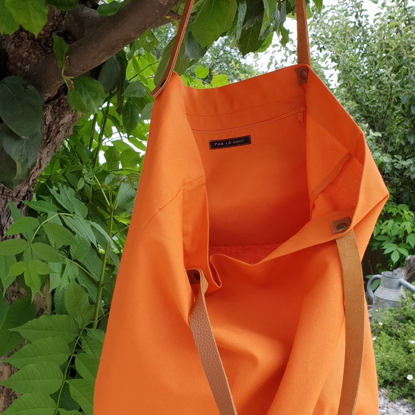 Tote bag orange en toile de coton anses en cuir, poche intérieure , sac pour le marché , sac de plage sac de courses