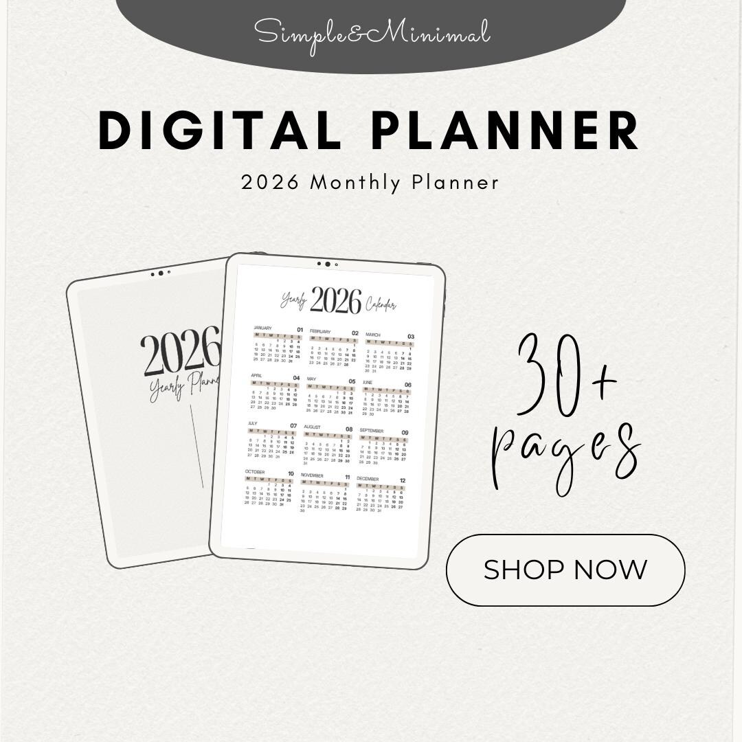 2026 Minimalist Digital Calendar | Dated Monthly Planner With Notes ...