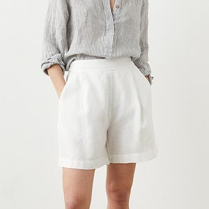 Pleated linen shorts for women, high rise shorts with pockets, elastic back bermuda shorts WALK image 1