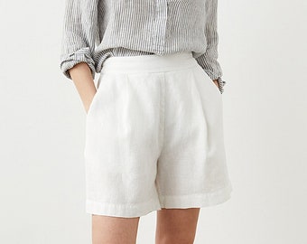 Pleated linen shorts for women, high rise shorts with pockets, elastic back bermuda shorts WALK