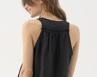 A-line flared linen top, racer-back linen top, scoop-neck linen blouse, linen tank top with slits, sleeveless vacation top SPUR