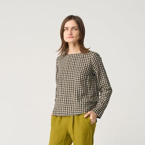 Long sleeve linen blouse with buttoned back, linen top with boat neck, office linen blouse, checkered linen shirt DEDE image 2