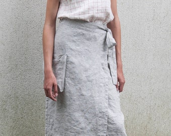 Wrap linen skirt, midi linen skirt with patch pocket, high waist skirt with belt, straight cut skirt AMBER