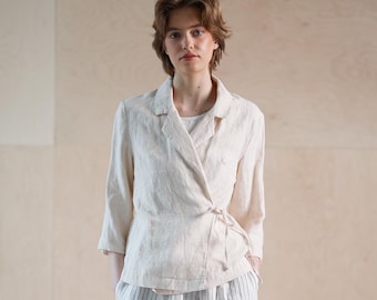 Linen wrap jacket for women, 3/4 sleeve linen blazer, Lightweight summer jacket, Minimalist wrap blazer with lapels and ties SARAGOSA