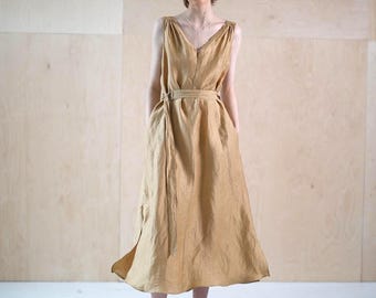 Open back midi silk dress, Tied waist V neck silk dress with slits, Deep neck A line flared Linen dress  Occasion silk dress LINDEN