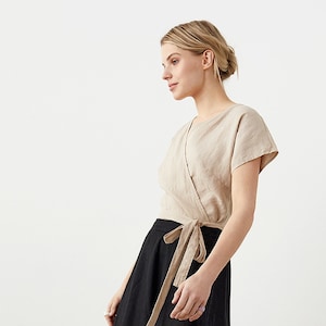Leinen Wickeltop, Leinen Bluse mit V-Ausschnitt, Kimono Top aus Leinen mit kurzen Ärmeln, Leinen Wickelbluse, Plus Size Leinen Top, Infinity Top MOMENT