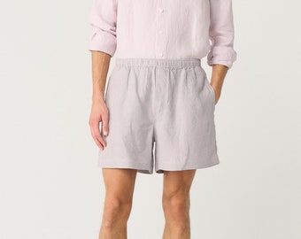 Elastic waist linen shorts for men, linen boxer shorts with pockets, linen beach shorts BREEZE