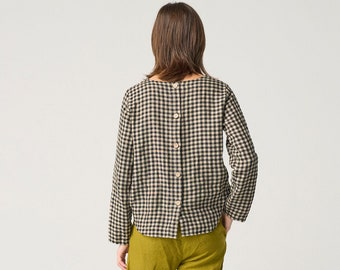 DEDE Long sleeve linen blouse with buttoned back, linen top with boat neck, office linen blouse, checkered linen shirt