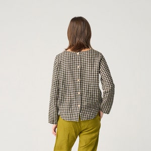 Long sleeve linen blouse with buttoned back, linen top with boat neck, office linen blouse, checkered linen shirt DEDE