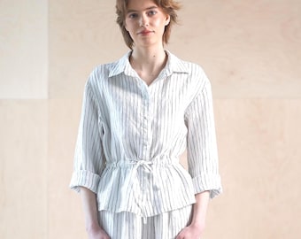 Natural linen tie waist blouse, Casual loose linen shirt, Relaxed fit button linen yop with cinched waist PRAHA