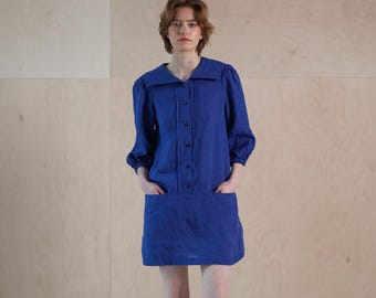 Short Linen Dress with Oversized Sailor Collar, Cottagecore Dress, Retro Style Loose Fit, Washed Linen Button Dress with puffy Sleeve SOON